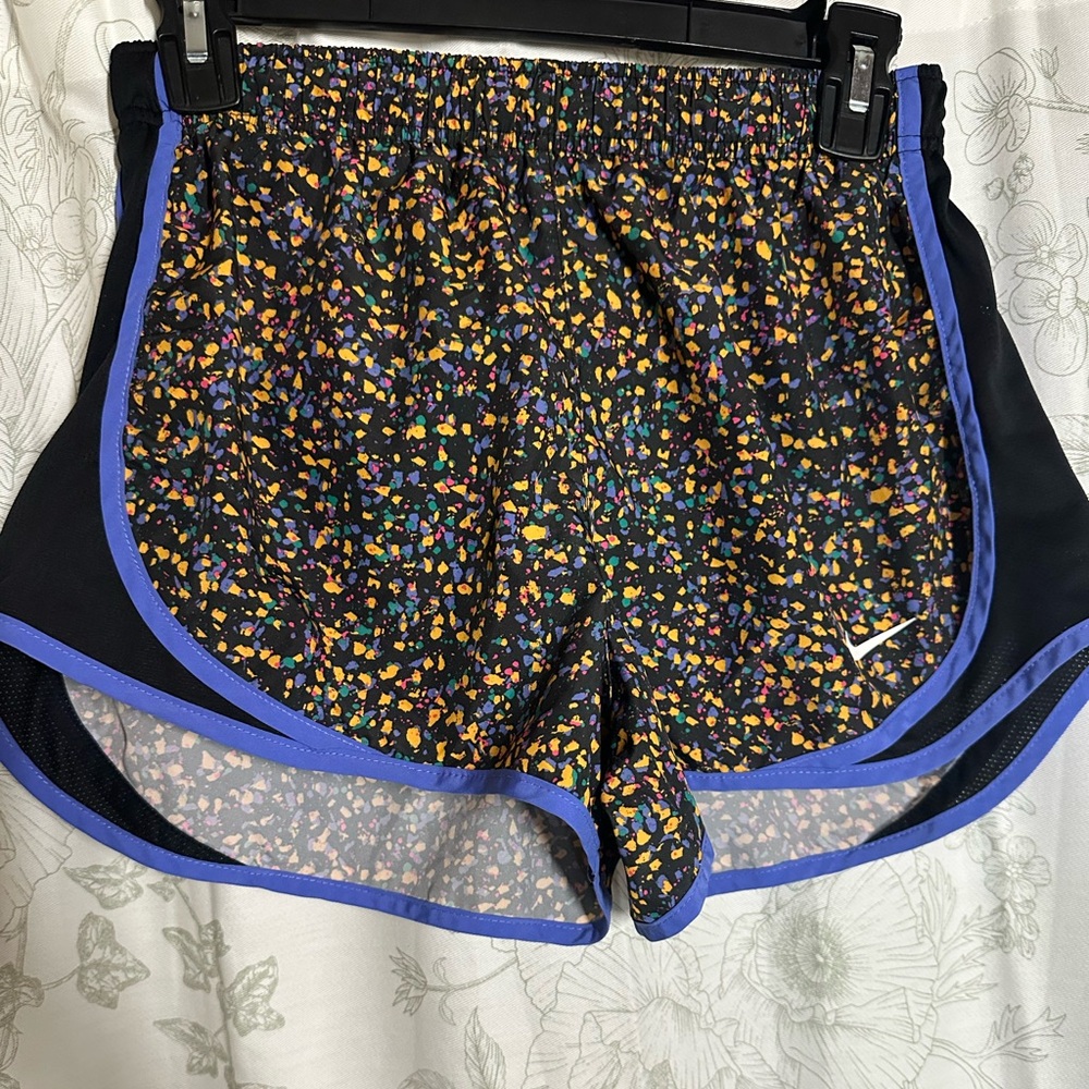 Nike Women's Black Multicolor Confetti Running Shorts with Purple Trim